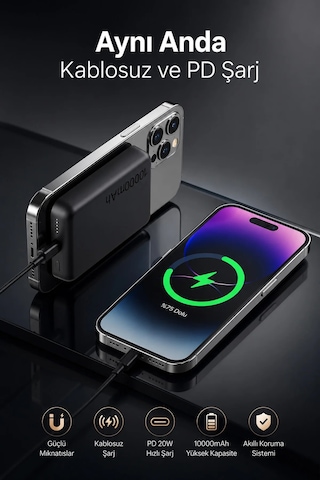 Exenar - Siyah - İphone İle Uyumlu Magsafe Powerbank Kablosuz 15w Hızlı Şarj 20w Usb-c Hızlı Şarj Qi