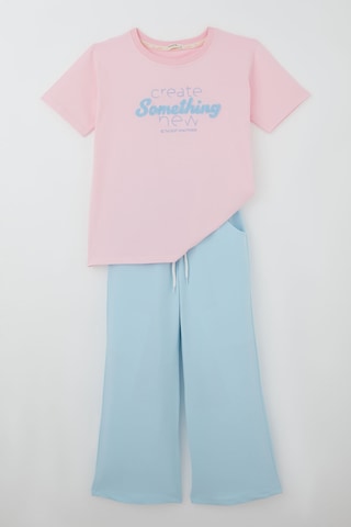Breeze Kız Çocuk Kısa Kollu Pantolonlu Takım Kabartmalı Şönil Yazı Nakışlı 9-14 Yaş , Pembe