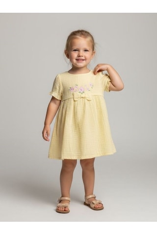 Zekids Kız Bebek Müslin Kumaş Çiçek Nakışlı Elbise-17288 Sarı