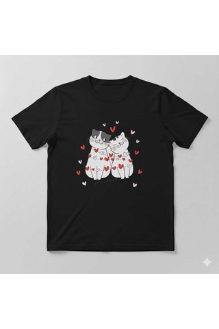 Love Kedi Kalpli Kedi Baskılı Sevgililer Günü Pamuk T-shirt Siyah