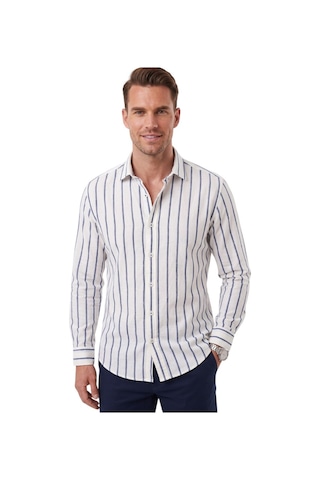 Deepsea Erkek %100 Pamuk Slim Fit Dar Kesim Keten Dokulu Çizgili Uzun Kollu Lacivert Gömlek 2600034