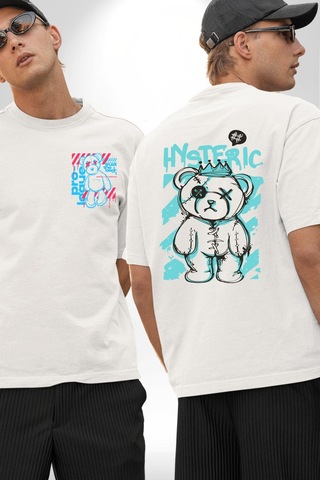 Histerik Beyaz Oversize Unisex Ön Ve Sırt Baskılı Tişört Beyaz