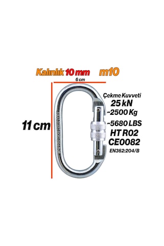Ayrex Badem10 Oval Karabina Kilitli 10 Mm Kanca Paslanmaz Çelik Kilit Tırmanma Kamp Ekipman Tırmanış İp Askı Kili