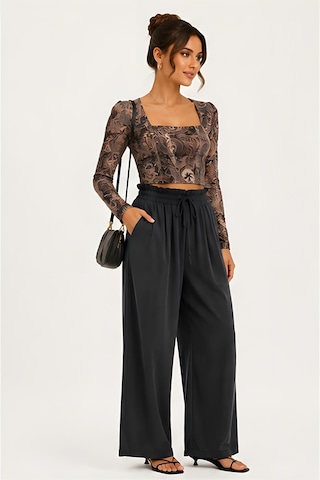 Lili Woman Kadın Paisley Desenli Tül Crop Bluz E.2557 Kahverengi