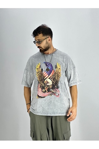 Cocopelli Erkek Yıkamalı Kumaş Baskılı T-shirt Coc2216 Gri