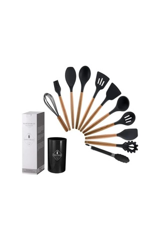 Silikon Spatula Mutfak Gereçleri Seti, 12 Parça, Ahşap Saplı, Siyah Kaşıklık Hediyeli 0