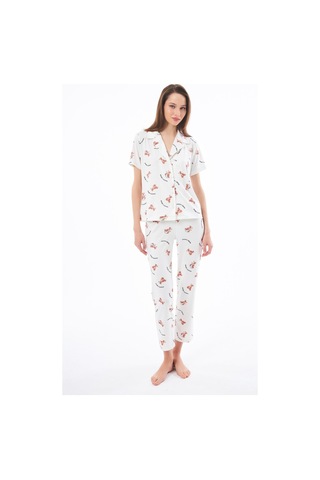 Cottonhill Premium Kadın Pijama Takımı Ayıcık Desenli Yumuşak Dokulu Kısa Kollu Gömlek Yaka Krem