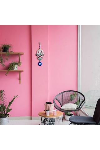 İlyasoğlu Hamsa Lazer Kesim Tahta Renkli Desenli Duvar Süsü Cam Nazarlık Sallantılı Tahta Model 2 26x10cm