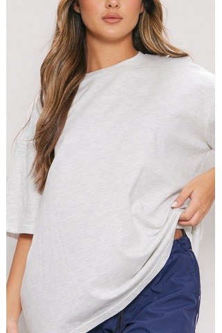 Düz Süprem T-shirt - Gri Oversize Bisiklet Yaka Kısa Kol Tişört Gri