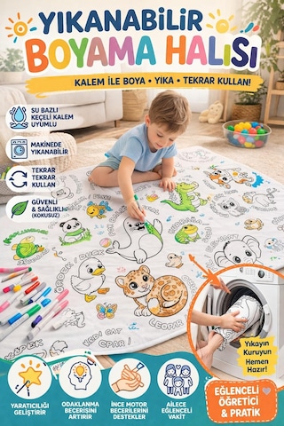 Su Geçirmez Yıkanabilir Boyama Halısı 100x140cm Tekrar Kullanılabilir Eğitici Çocuk Boyama Matı Oyun Örtüsü