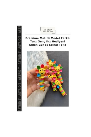 Astrid T Premium Motifli Model Farklı Tarz Genç Kız Hediyesi Gülen Güneş Spiral Toka Çok Renkli