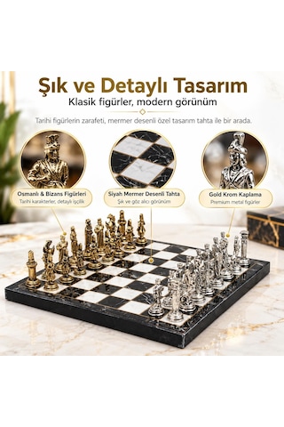 Lüks Metal Satranç Takımı Osmanlı Bizans Figürlü Krom Siyah Mermer Desenli 20x20 Premium Hediye Seti
