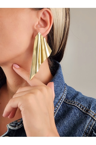 Eva Takı Store Yelpaze Dalga Model Büyük Boy Marjinal Gold Küpe