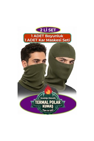 Neler Geldi Neler 2'li Set Haki Polar Boyunluk Ve Haki Polar Kar Maskesi Unisex Kışlık Polar Termal Soğuk Hava Koruyucu Haki Yeşili