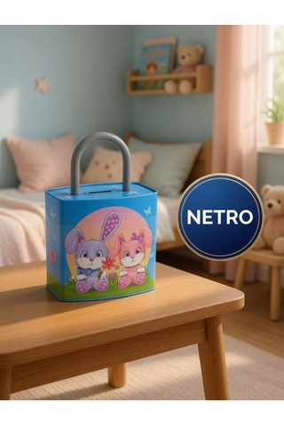 Kilit Şeklinde Dev Boy Kumbara 26x17 Cm Hediyelik Metal Kumbara Kapaklı Kolay Açılabilir Model 2 Li Tavşan Mavi