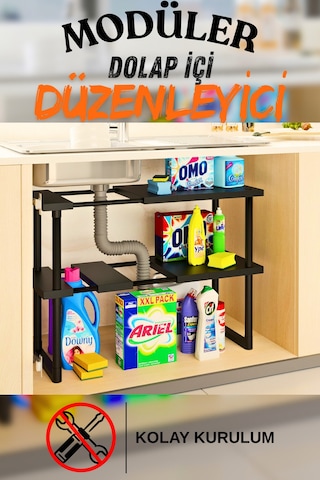 Plastik Genişletilebilir Raf Ayarlanabilir Düzenleyici Mutfak Banyo Düzenleyici - Çift Katlı - Siyah