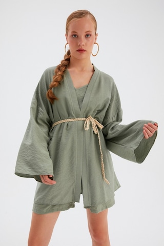Sateen Kuşak Detaylı Salaş Kimono- Yeşil