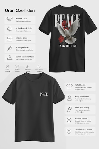 Spoyi Peace Bloom Tasarımlı %100 Pamuk Yarım Oversize Siyah T-shirt