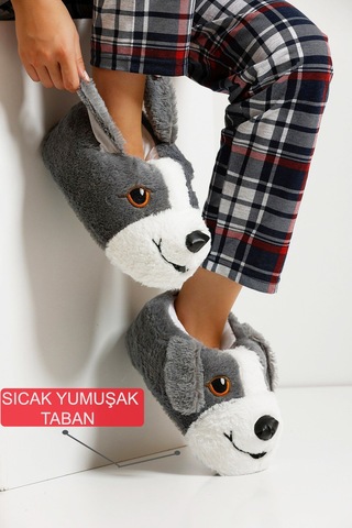 Devida Yumuşak Taban Sevimli Köpek Panduf Gri - Beyaz Beyaz - Gri