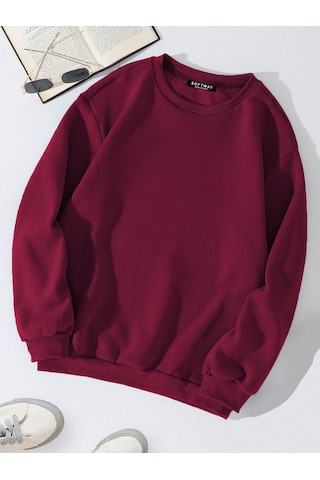 Unisex Oversize Bisiklet Yaka Basic Düz Sweatshirt - Bordo