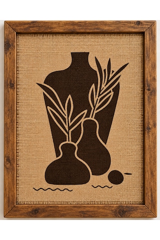 Bohem Jüt Kumaş Duvar Tablosu - El Yapımı Minimalist Vazo Ve Yaprak Desenli Rustik Hasır Poster