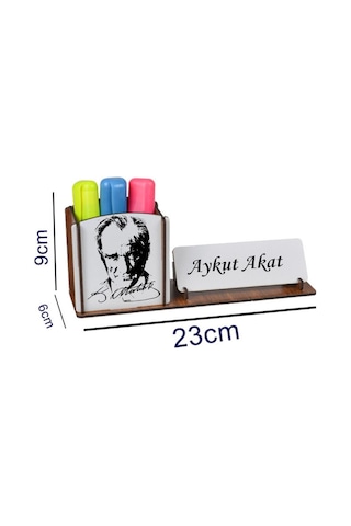 Atatürk Silüetli Ahşap Masaüstü İsimlik Ve Kalemlik Seti - Kişiye Özel Ofis Hediyesi Kahverengi