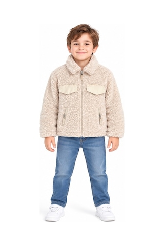 Mavi Boncukk Çocuk Unisex Peluş Welsoft Fermuarlı Kapüşonlu Ve Dik Yaka Polar Mont Ceket Krem