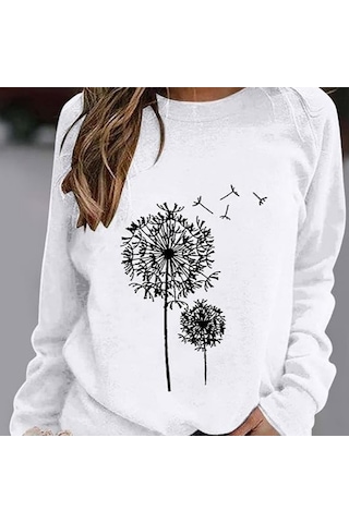 Kadın Uzun Kollu Bisiklet Yaka Çiçek Desenli Viskon Bluz Beyaz