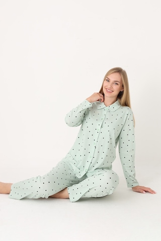 Nbb Kadın Yeşil Polka Dot Önden Düğmeli Pijama Takım YESIL