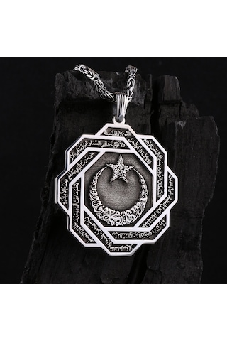 Fkgümüş 925 Ayar Gümüş Ayetel Kürsi Yazılı Ay Yıldız İşlemeli Madalyon Kolye