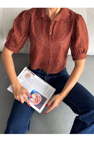Brodeli Crop Gömlek S1023 Kahve