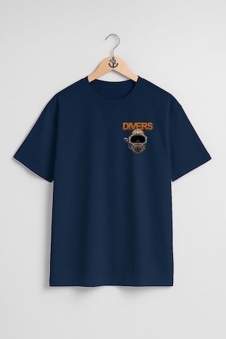 Oversize Divers Dalgıç Başlığı Cep Tasarımlı Unisex T-shirt Lacivert