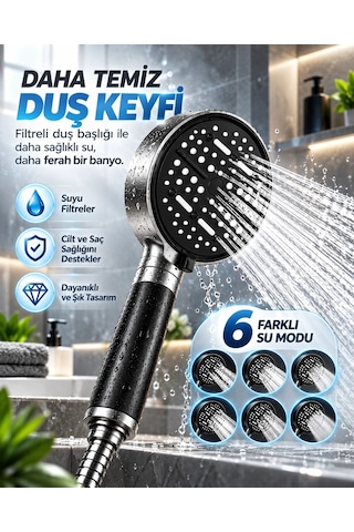 Çok Fonksiyonlu Filtreli Duş Başlığı 6 Farklı Sprey Modu Büyük Panel Siyah Çok Renkli