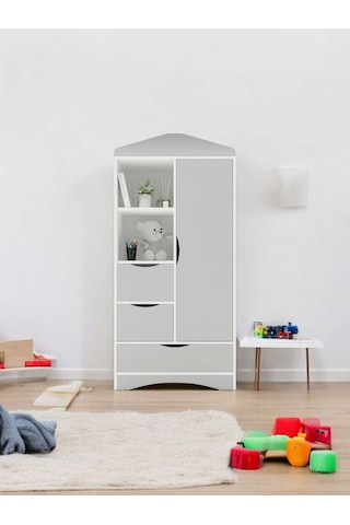 Floradesign Gardırop / Elbise Dolabı / Çocuk Genç / Raflı Ve Çekmeceli Gri Beyaz