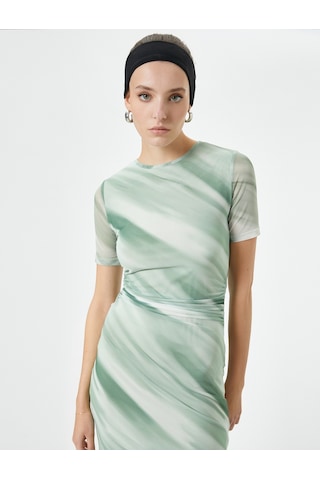 Koton Midi Bodycon Elbise Kısa Kollu Bisiklet Yaka Yırtmaçlı Yeşil Desenli 4sak80046ek Yeşil