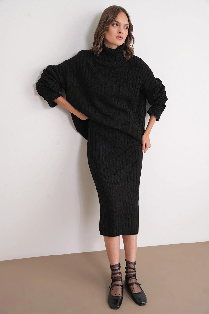 6929 Kadın Fitilli Triko Etek Siyah Siyah