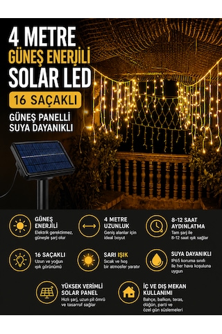 Güneş Enerjili Saçak Led 4 Metre 16 Saçaklı Işık Ip Perde Sarkıt Solar Panelli Gün Işığı