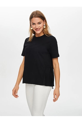 Faik Sönmez Yanları Dokuma Pilise Detaylı Yuvarlak Yaka Kadın T-shirt Us26tsh053 Siyah