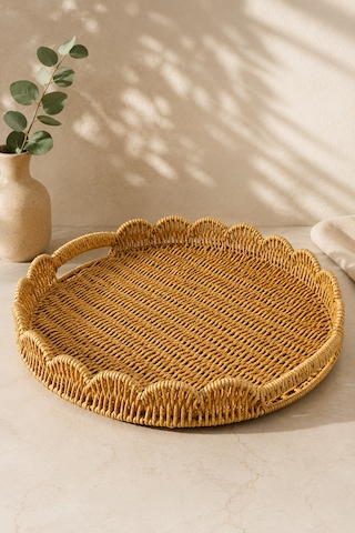 Büyük Boy Yuvarlak Hasır Tepsi Servis Sunum Tepsisi Organizer Düzenleyici 35cm Açık Sarı