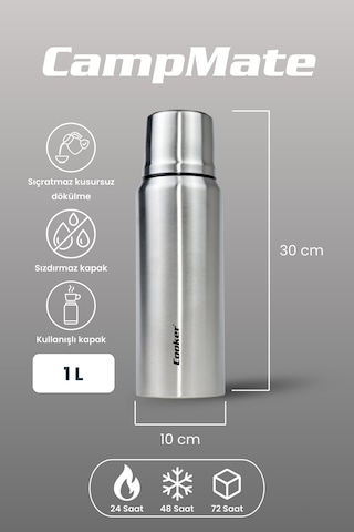 Cooker 1 Litre Çift Katlı Çelik Termos - 24 Saat Sıcak 48 Saat Soğuk Kamp, Outdoor, Piknik, Ofis, Otel, Kafe, Okul, Seyahat Çelik