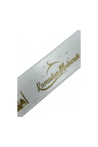 Ramadan Mubarak Yazılı Hediye Paketleme Kurdelesi, Altın Varaklı Saten Kurdele, 2.5cm X 5m, Krem Standart