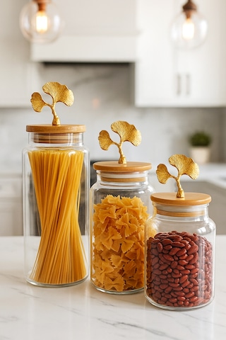 3'lü Bambu Kapaklı Metal Ginkgo Figürlü Şeffaf Cam Kavanoz Şeffaf Cam Saklama Kabı 635/890/1400ml Şeffaf