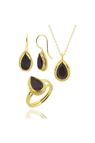 Beyisa Güneş Taşı Serisi Sarma Damla Kesim Siyah Oniks 22 Ayar Altın Kaplama Kadın Üçlü Set