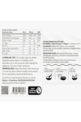 Mustang Nutrition Rice Up Pirinç Kreması 750 Gr 15 Servis Limon Cheesecake