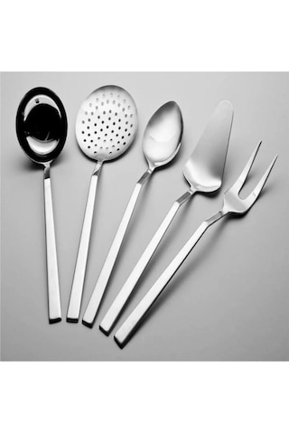 5 Parça Çelik Düz Servis Seti Kepçe Kevgir Spatula Makarna Kaşığı