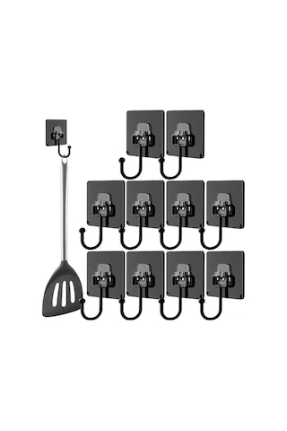 Maiyame Banyo Mutfak Sıkıcı Değişkenler İçin Siyah Dayanıklı Pvc Metallı Duvar Kanca, 10 Adet, 6.7x6.7 Cm, Delme Yok, Su Geçirmez