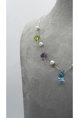 Doğan Diamond 925 Ayar Gümüş 12 Ct Yarı Değerli Doğal Taşlı & İncili Damla Kolye- Collezione Del Festival