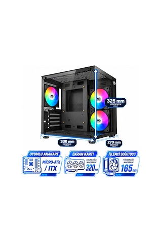 Orion Cube 3x Tuştan Değişen Rgb Fanlı M-atx Boş Bilgisayar Kasası Siyah