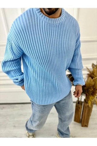 Elku Moda Oversize Kazak Bol Kesim Tüylenmeyen Salaş Triko Kazak Mavi