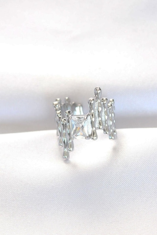 Silver Renk Tırtıklı Kalın Baget Taş Tasarım Ayarlanabilir Yüzük Gümüş